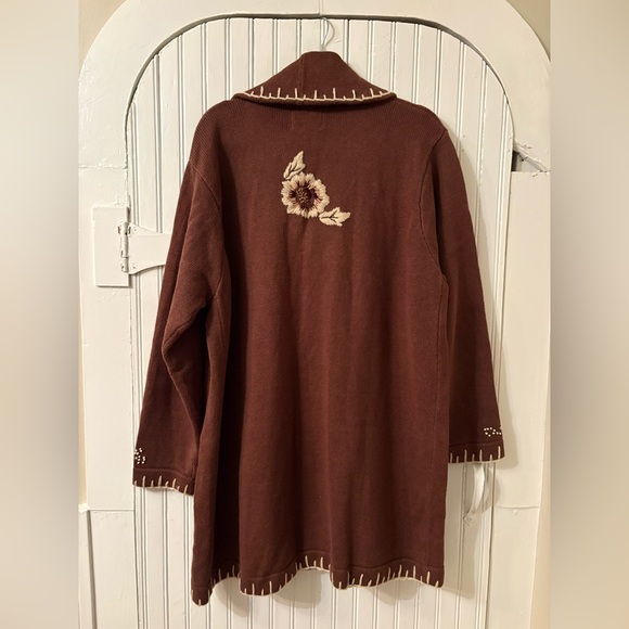Storybook Knits Long Embroidered Floral Duster Cardigan Brown Women’s 2X - Picture 8 of 10